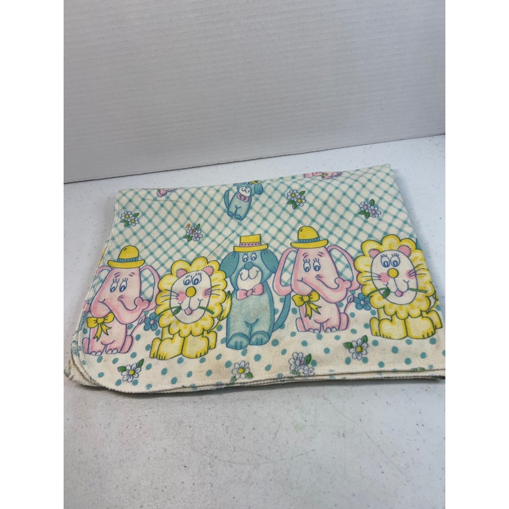 Vtg Animal Parade Receiving Blanket Gingham Elephant Lion Dog‎ Blue Pink 25x36